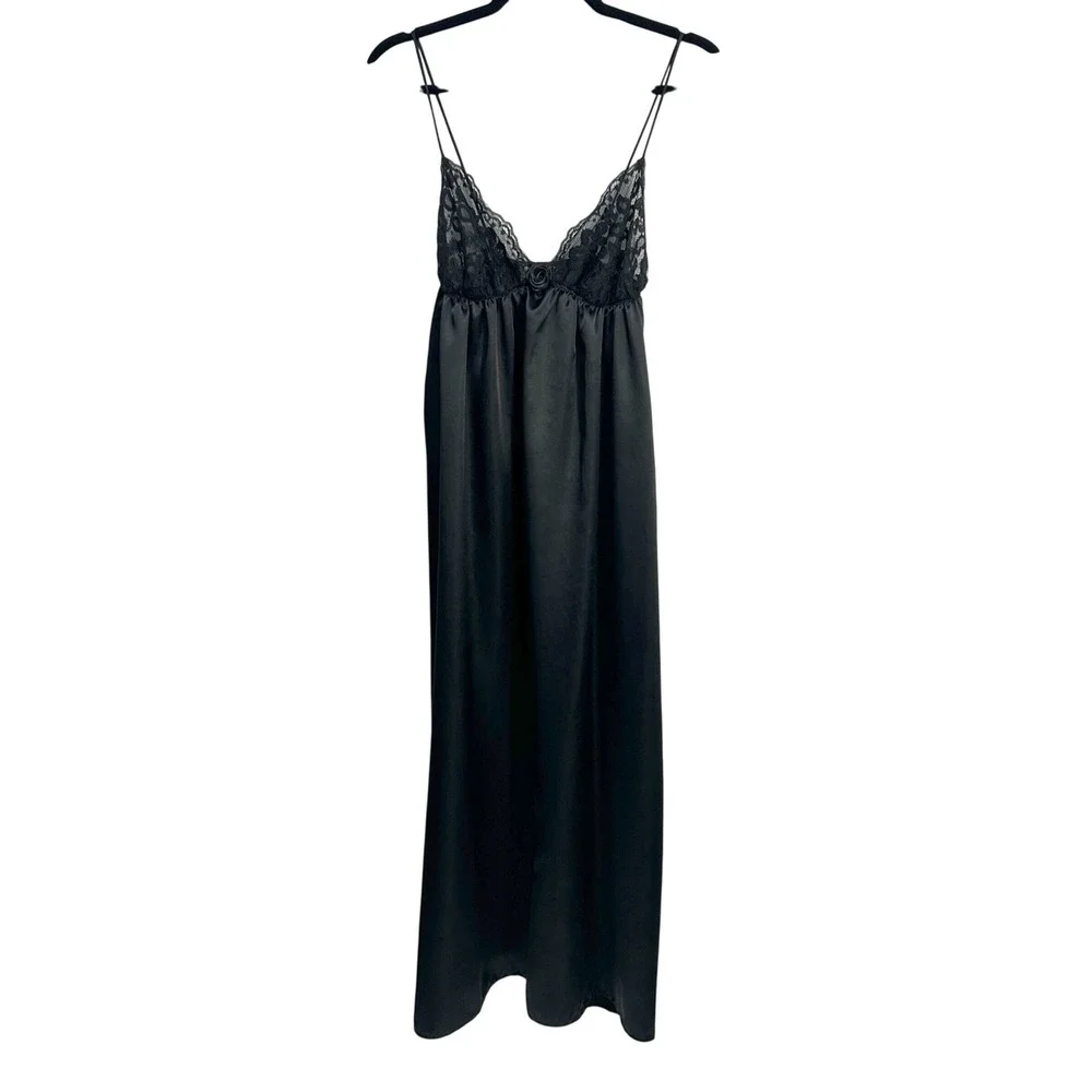 Black Satin Lace Babydoll Full Length Slip Dress Gown Lingerie XS/S Romantic